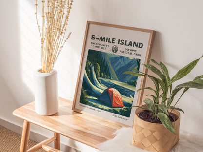 5-Mile Island, Olympic National Park Poster | Hiker Gift | Rainforest River Backcountry Wall Art — styled in a modern interio