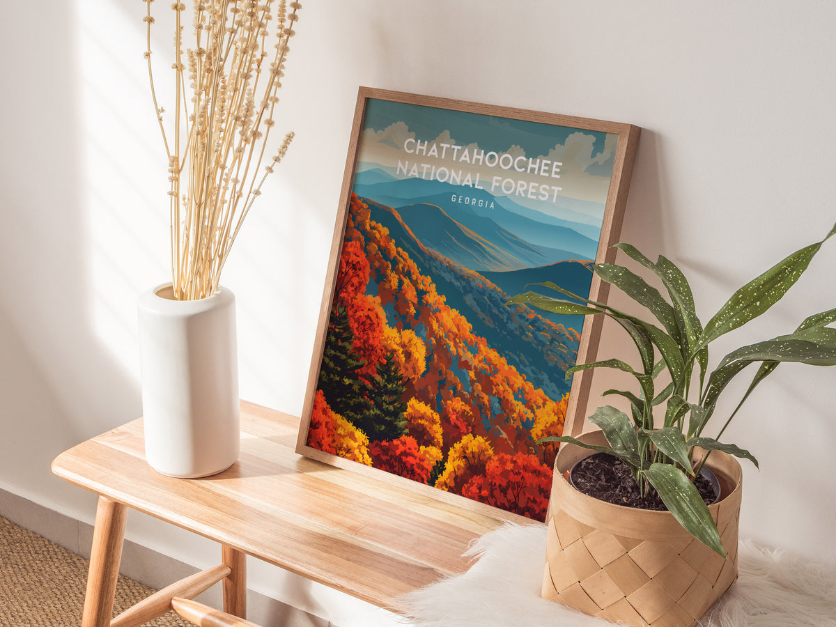 Chattahoochee National Forest, Georgia Poster | Mountain Wilderness Destination Print Wall Art — styled in a modern interior