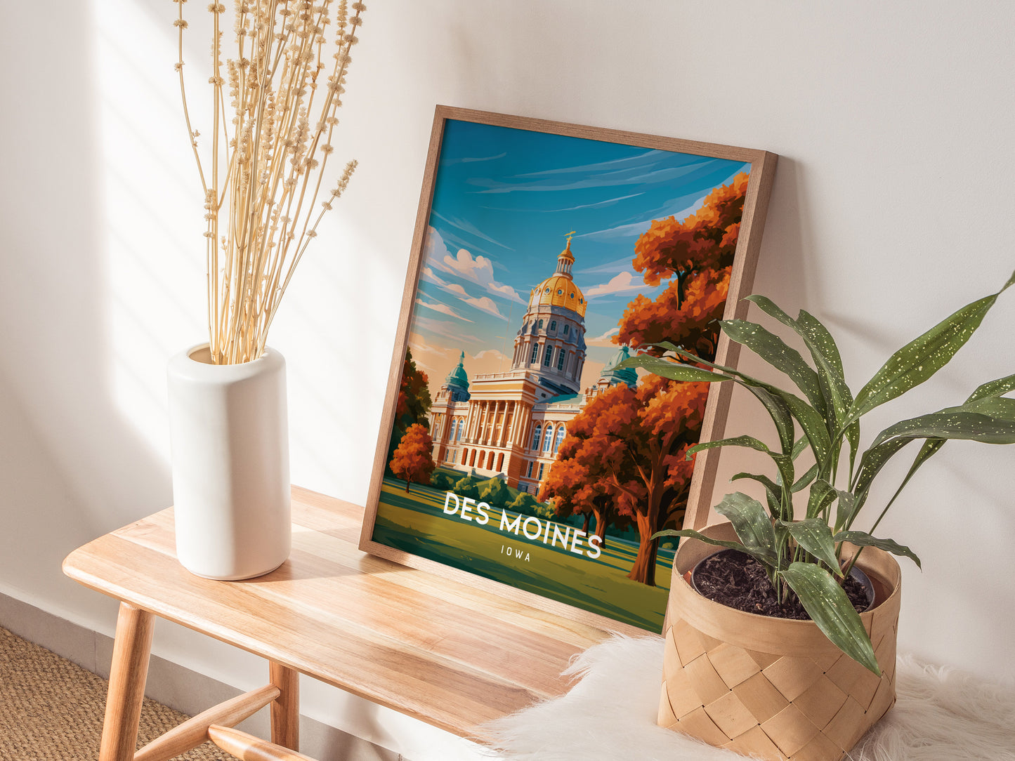 Des Moines, Iowa Poster | Golden Dome & Skyline Destination Print Wall Art — styled in a modern interior