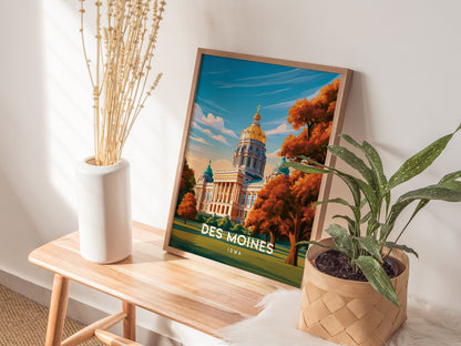 Des Moines, Iowa Poster | Golden Dome & Skyline Destination Print Wall Art — styled in a modern interior