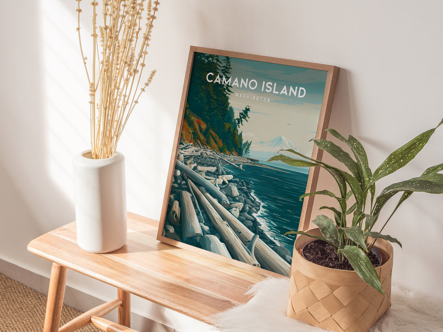 Camano Island, Washington Poster | Evergreen Shores & Heron Coastal Wall Art — styled in a modern interior