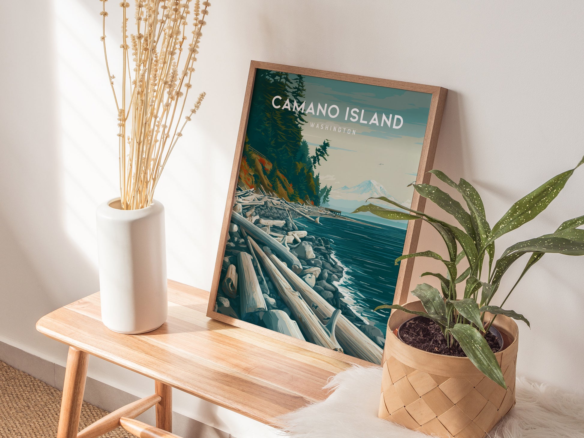 Camano Island, Washington Poster | Evergreen Shores & Heron Coastal Wall Art — styled in a modern interior