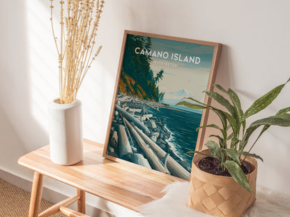 Camano Island, Washington Poster | Evergreen Shores & Heron Coastal Wall Art — styled in a modern interior