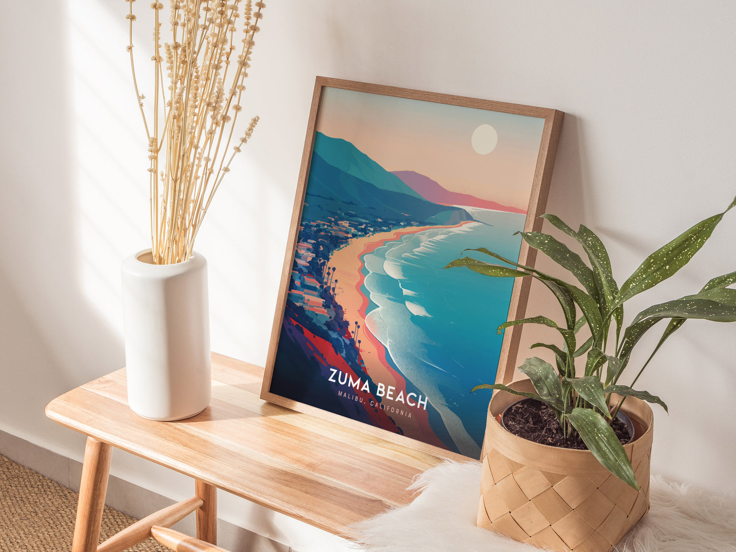 Framed Zuma Beach Malibu poster showcasing a serene coastal landscape in pastel hues, perfect travel art for beach lovers.