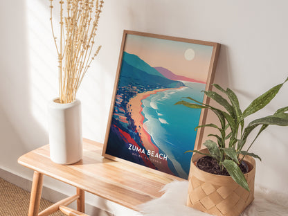 Framed Zuma Beach Malibu poster showcasing a serene coastal landscape in pastel hues, perfect travel art for beach lovers.