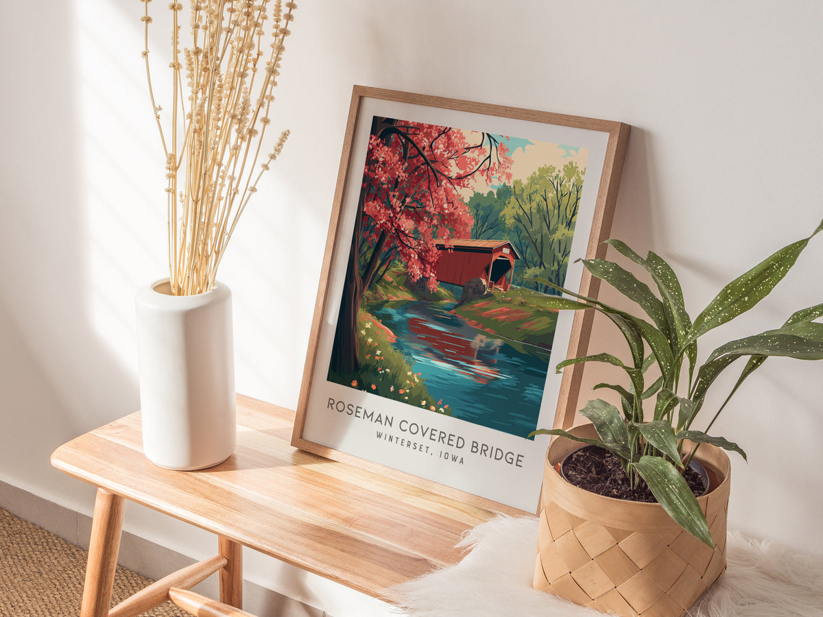 Roseman Covered Bridge Matte Border Poster | Winterset, Iowa Destination Print Travel Wall Art — styled in a modern interior