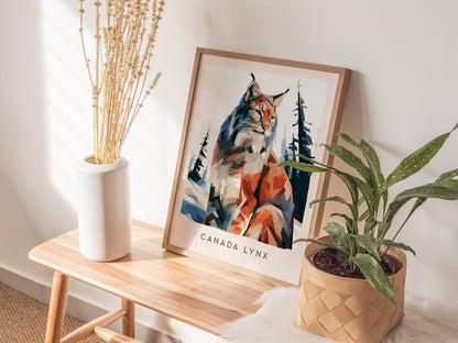 Canada Lynx Poster | Wild Winter Predator Wildlife Wall Art — styled in a modern interior