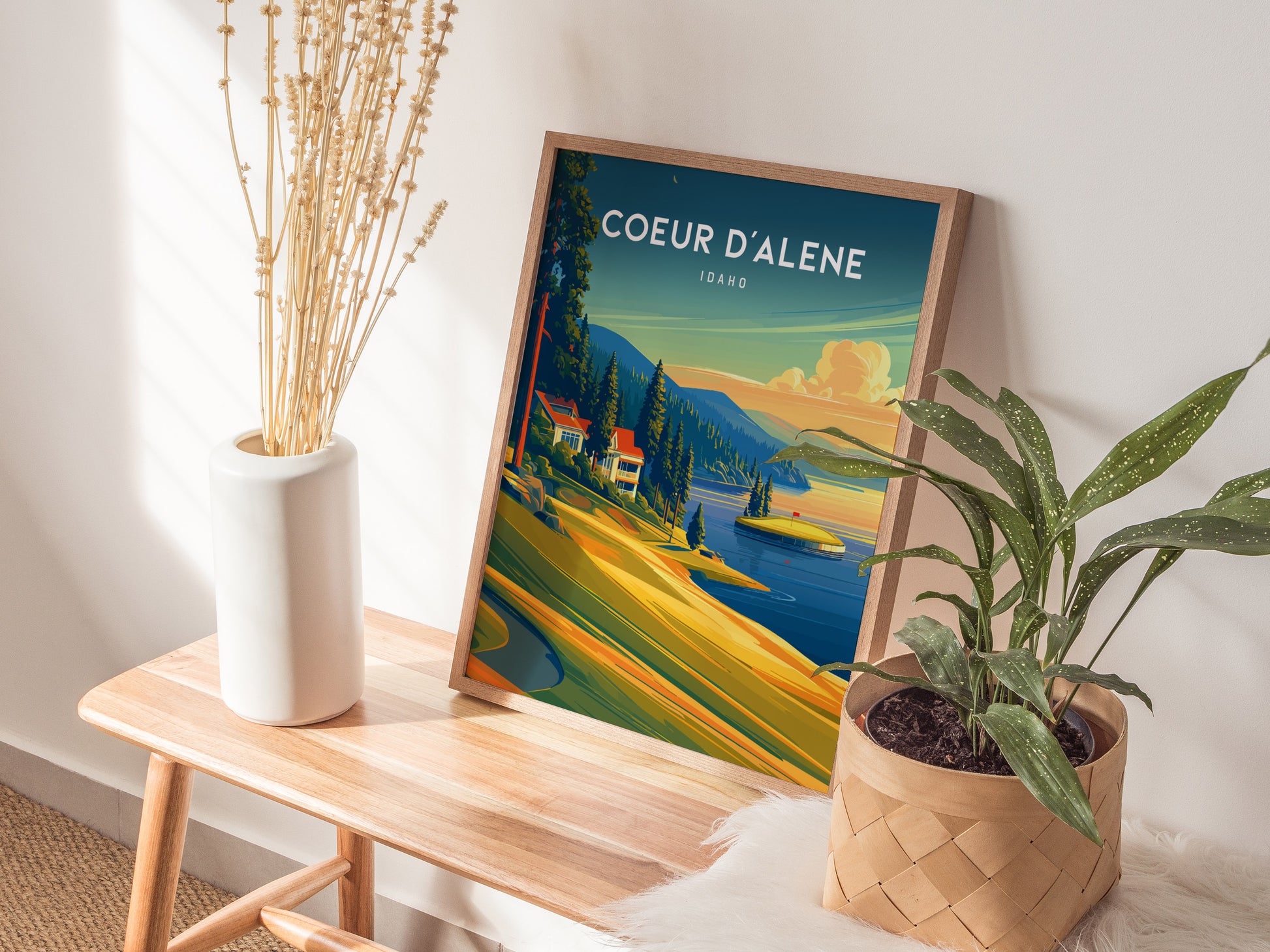 Coeur d'Alene Resort, Idaho Poster | Lakeside Golf Course Scenic Wall Art — styled in a modern interior