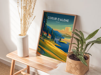 Coeur d'Alene Resort, Idaho Poster | Lakeside Golf Course Scenic Wall Art — styled in a modern interior