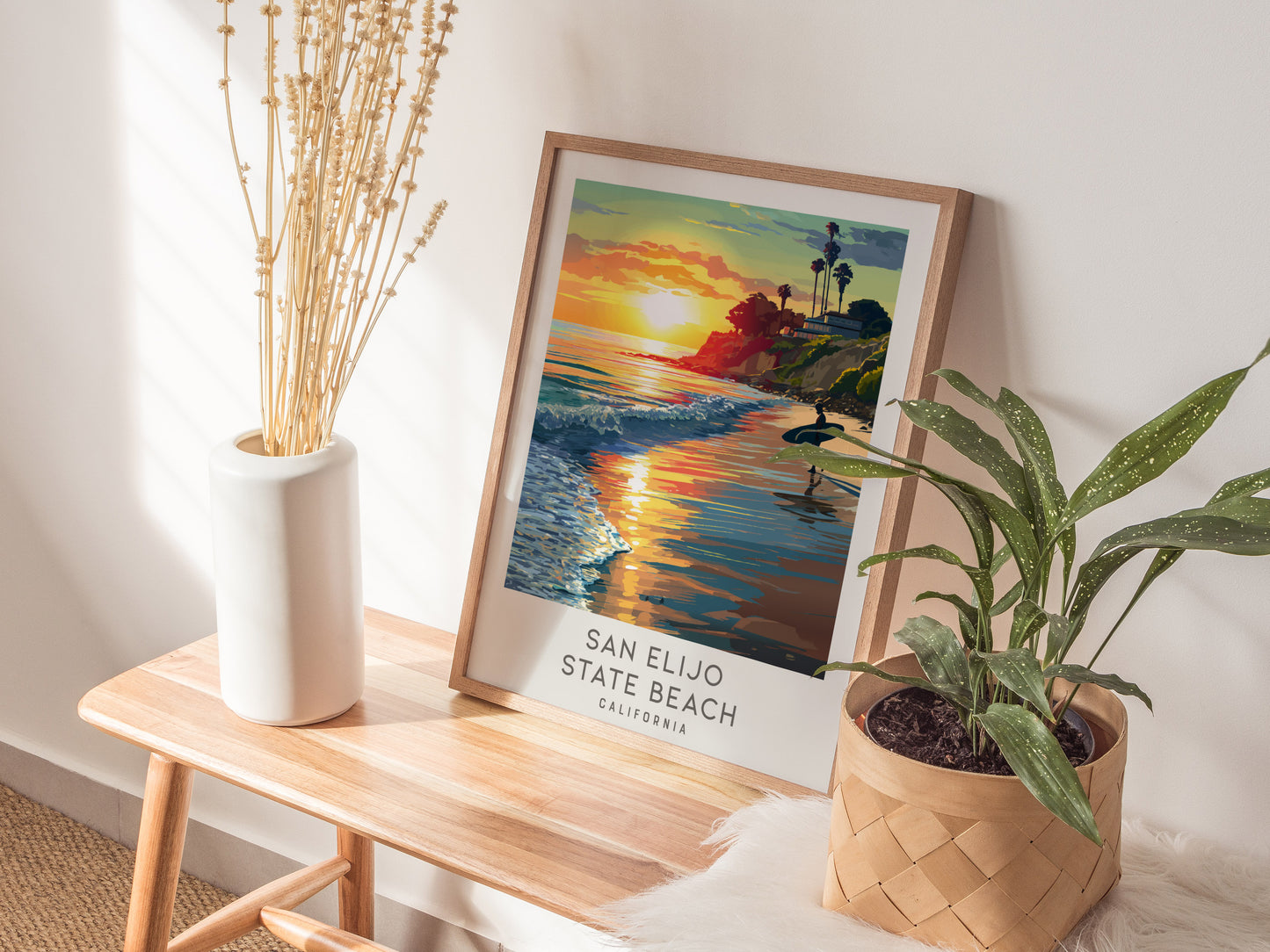 San Elijo State Beach Matte Border Poster | California Travel Wall Art — styled in a modern interior