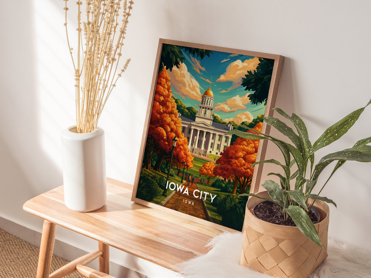 Iowa City, Iowa Poster | Heartland Campus & River Charm Travel Wall Art — styled in a modern interior
