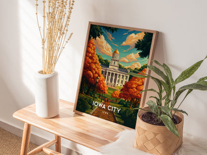 Iowa City, Iowa Poster | Heartland Campus & River Charm Travel Wall Art — styled in a modern interior