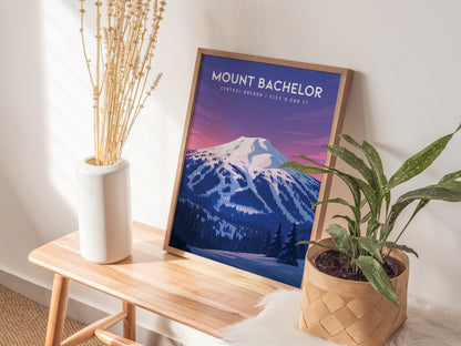 Framed Mount Bachelor poster showcasing snowy peaks and ski runs, in cool blues and purples, with evergreen silhouettes.