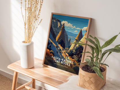 Framed vintage poster showcasing Kasha-Katuwe Tent Rocks' cone formations with hikers, featuring earthy tones and a vibrant blue sky.