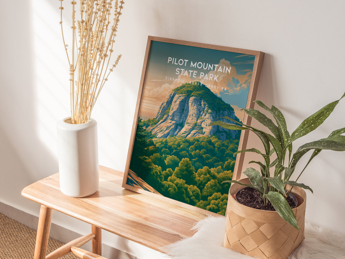 Pilot Mountain State Park, Pinnacle, North Carolina Poster | Rugged Peak & Forest Travel Wall Art — styled in a modern interi