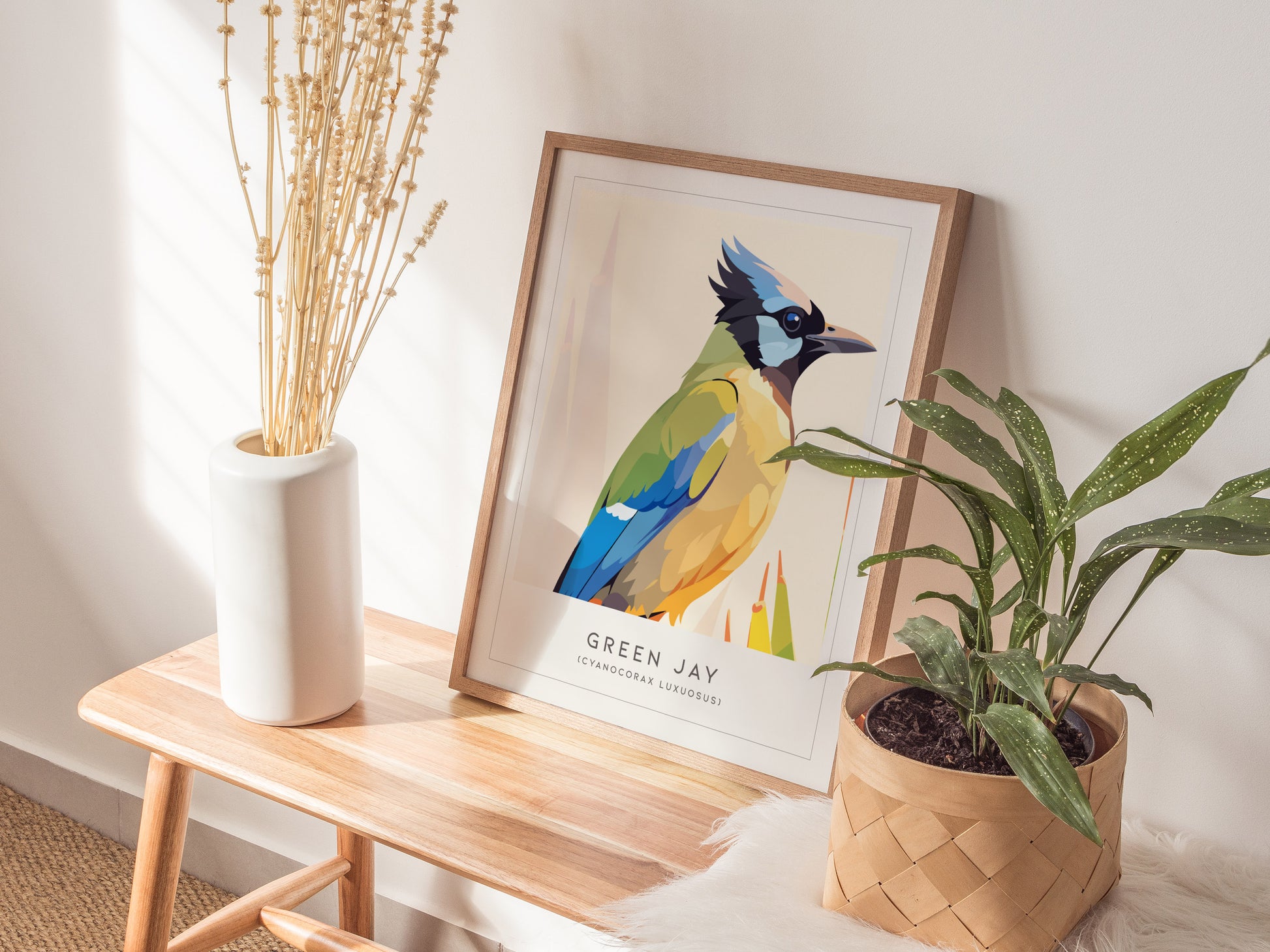 Green Jay, Cyanocorax luxuosus Poster | Tropical Bird Wall Art — styled in a modern interior