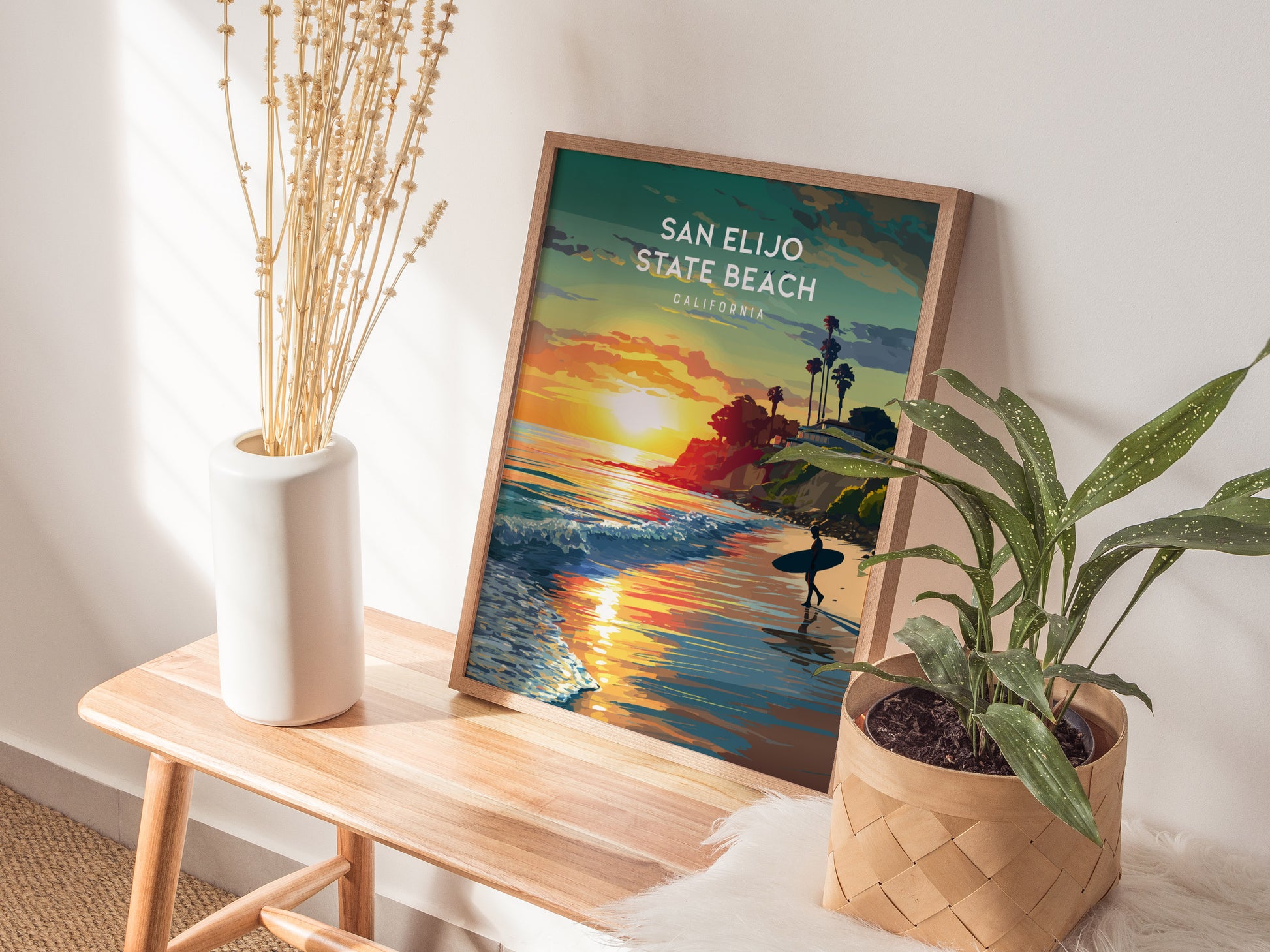 San Elijo State Beach, California Poster | Golden Bluffs & Ocean Breeze Wall Art — styled in a modern interior