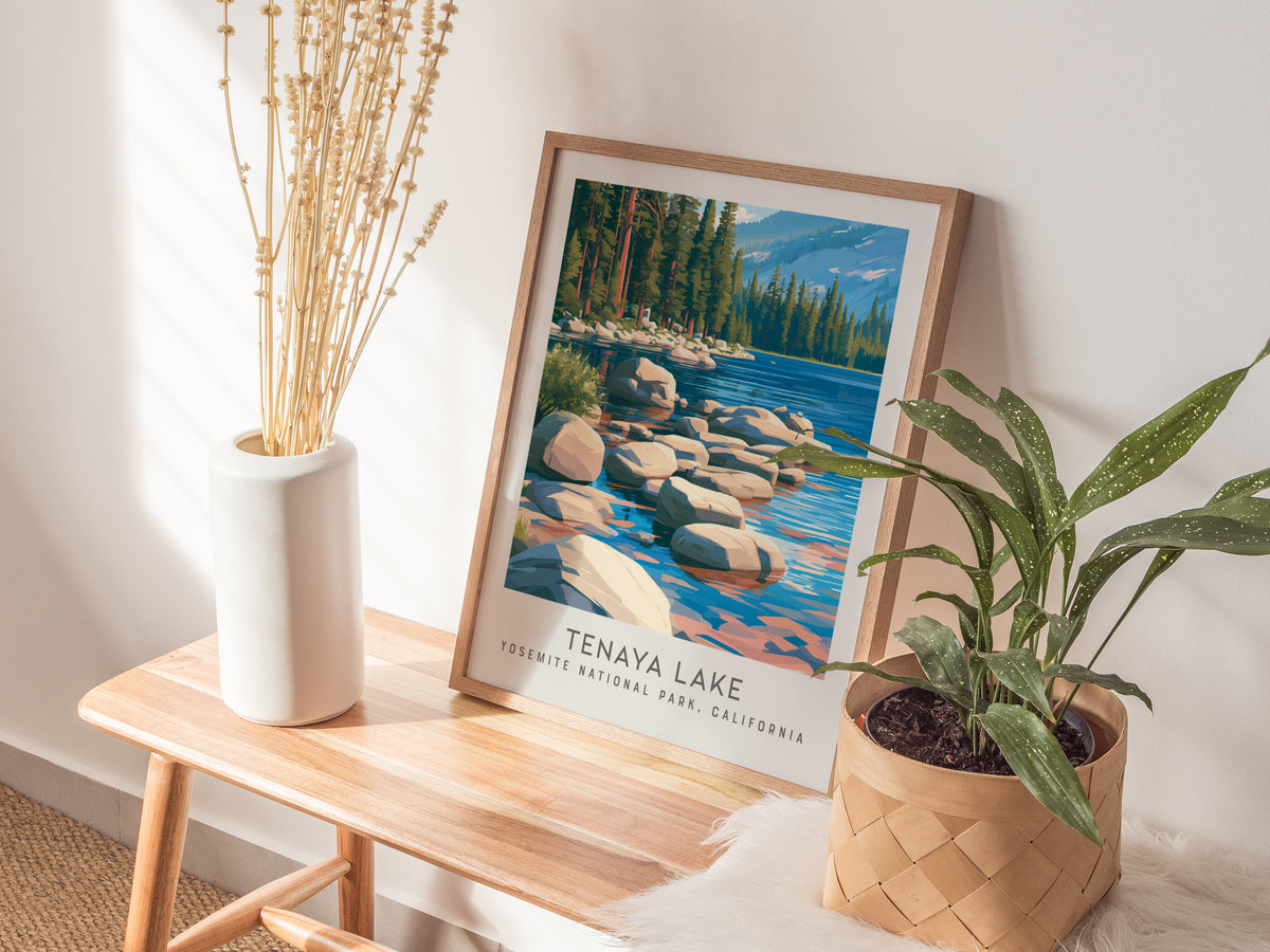 Tenaya Lake Matte Border Poster | Yosemite National Park, California Destination Print — styled in a modern interior