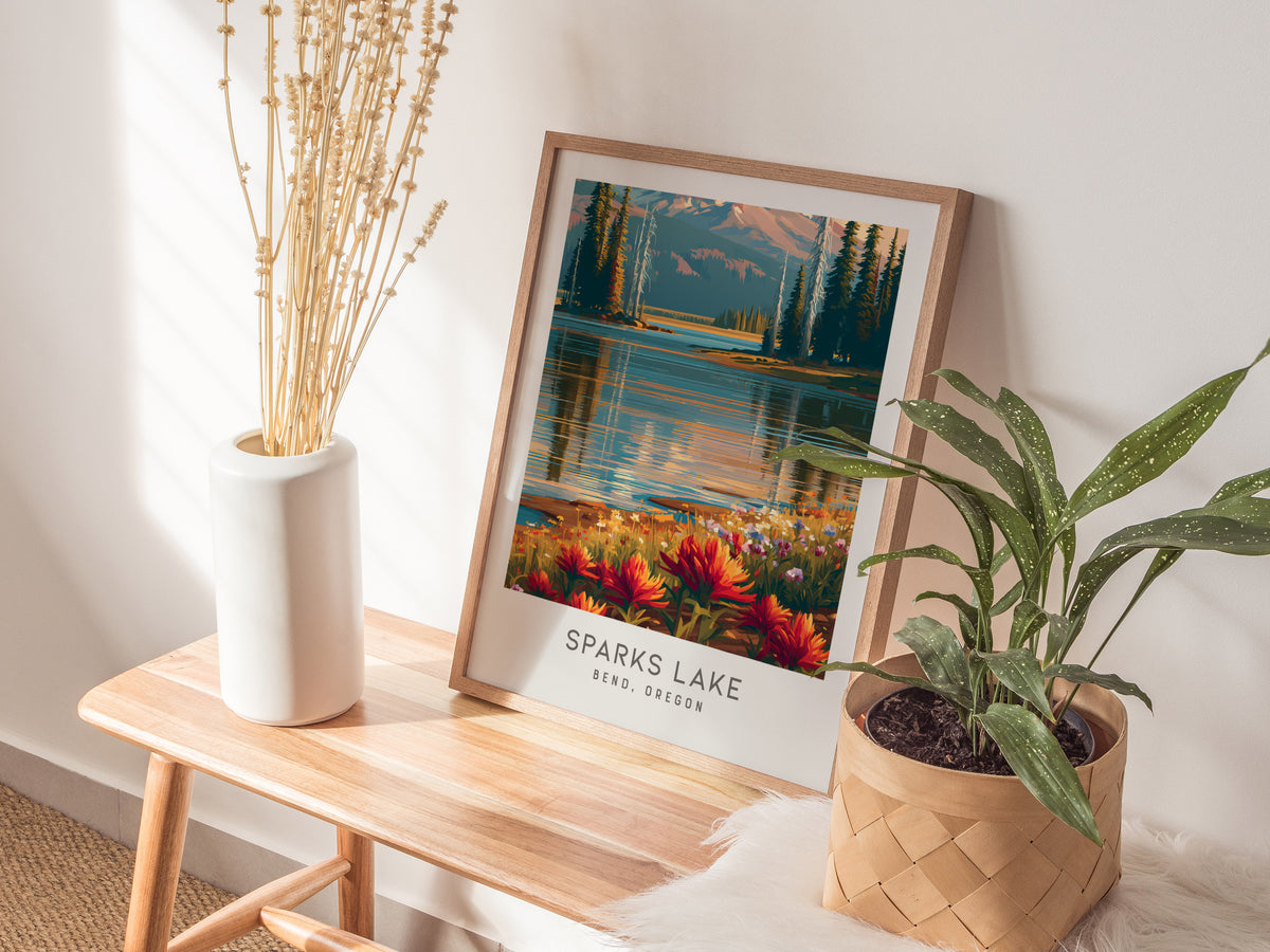 Sparks Lake Matte Border Poster | Bend, Oregon Destination Print Travel Wall Art — styled in a modern interior