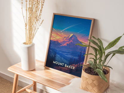 A framed Mount Baker poster with vibrant colors rests on a wooden bench, accompanied by a white vase with dried flowers and a potted plant in a woven basket.