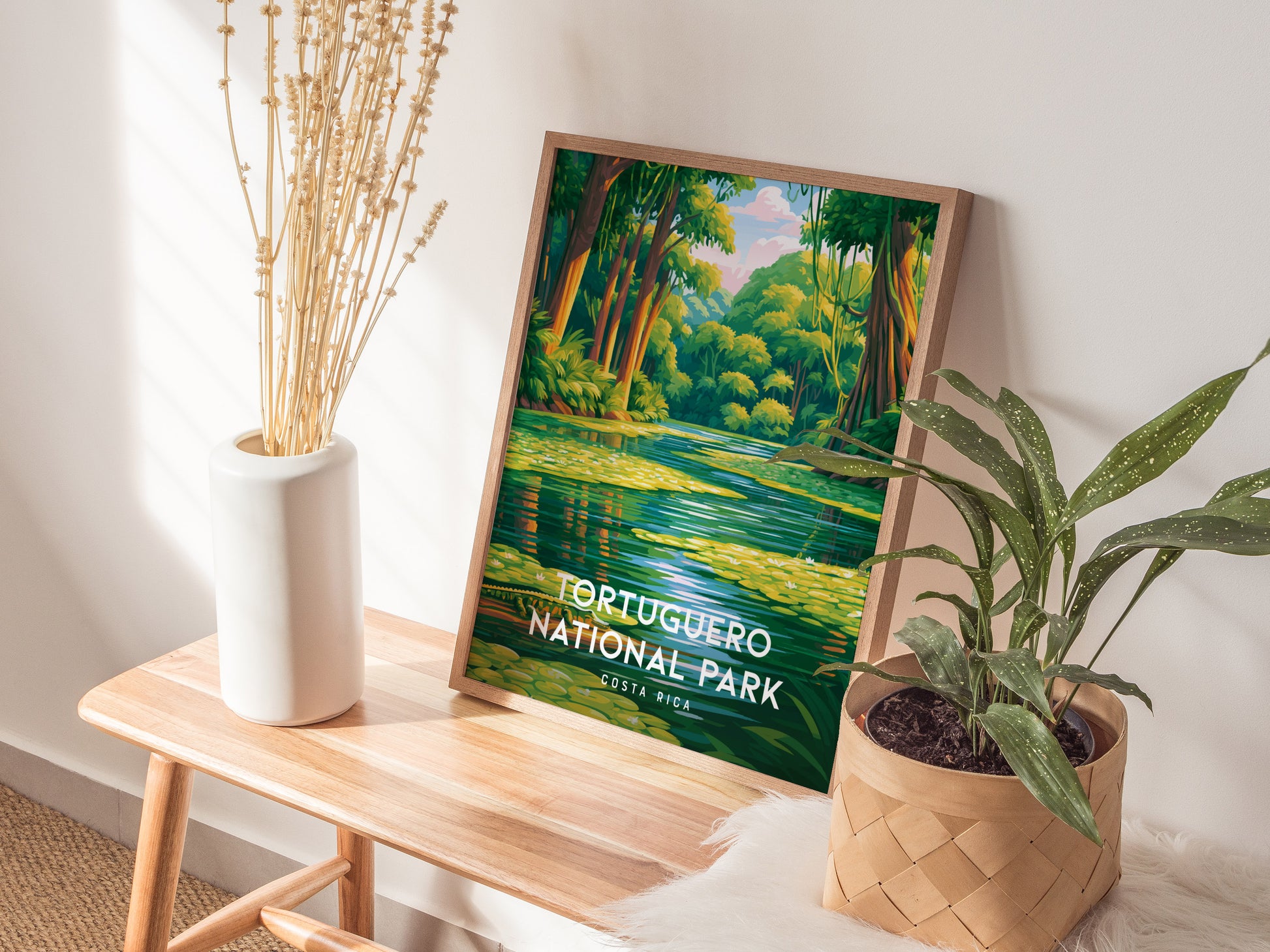Tortuguero National Park, Costa Rica Poster | Sea Turtle & Rainforest Canal Wall Art — styled in a modern interior