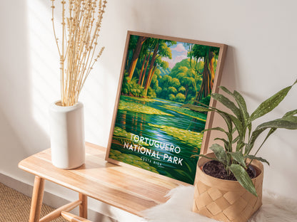 Tortuguero National Park, Costa Rica Poster | Sea Turtle & Rainforest Canal Wall Art — styled in a modern interior