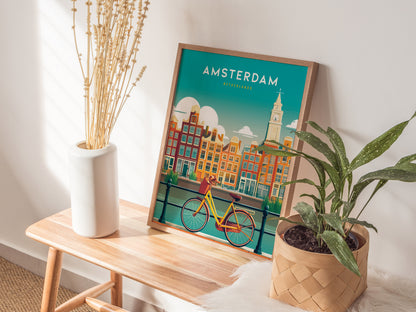 Vibrant Amsterdam wall art poster featuring iconic canal houses and a classic bicycle in vivid teal, orange, and yellow hues.