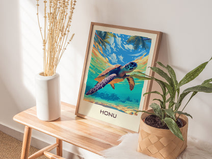 Honu Hawaiian Green Sea Turtle Poster | Hawaii Ocean Wall Art