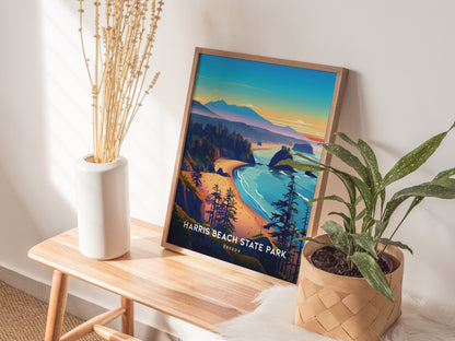 A framed Harris Beach State Park poster rests on a wooden bench beside a vase with dried flowers and a potted plant.