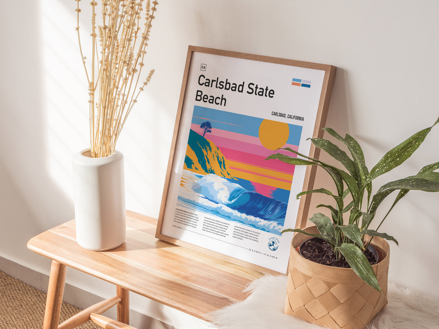 Carlsbad State Beach, California Poster | Golden Cliffs & Surf Coastline Wall Art — styled in a modern interior