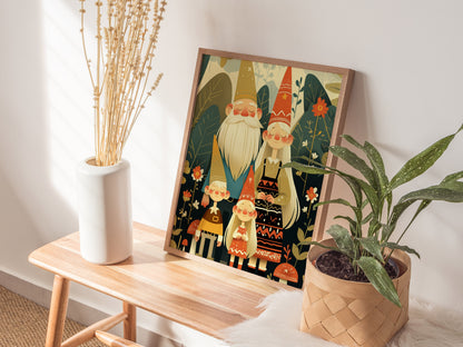 Gnome Family Poster | Cute Fantasy Gnome Lover Wall Art | Framed or Unframed