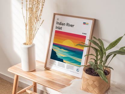 Indian River Inlet, Delaware Poster | Surf & Bridge Coastal Wall Art — styled in a modern interior