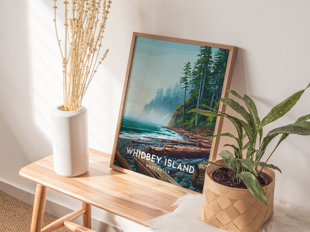 Whidbey Island, Washington Poster | Evergreen Shores & Sailboat Wall Art — styled in a modern interior