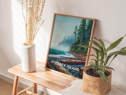 Whidbey Island, Washington Poster | Evergreen Shores & Sailboat Wall Art — styled in a modern interior