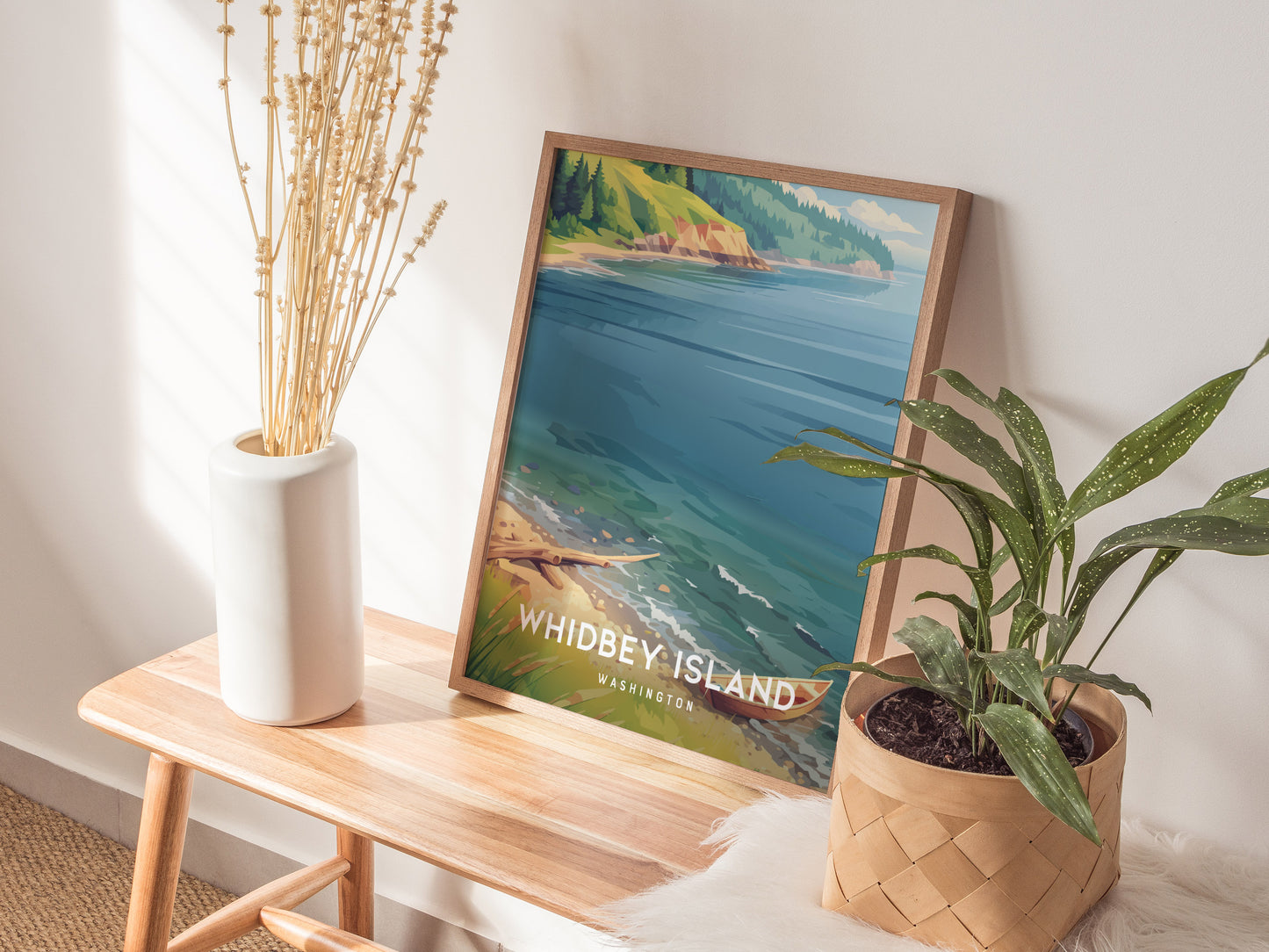 Whidbey Island, Washington Poster | Evergreen Shores & Sailboat Wall Art — styled in a modern interior