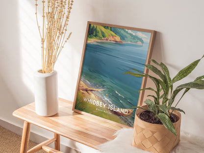 Whidbey Island, Washington Poster | Evergreen Shores & Sailboat Wall Art — styled in a modern interior