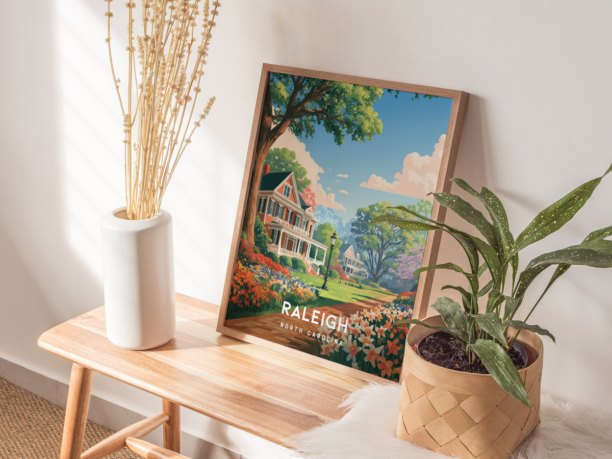 Raleigh, North Carolina Poster | Oak City Skyline Destination Print Wall Art — styled in a modern interior