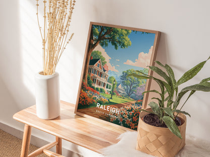 Raleigh, North Carolina Poster | Oak City Skyline Destination Print Wall Art — styled in a modern interior