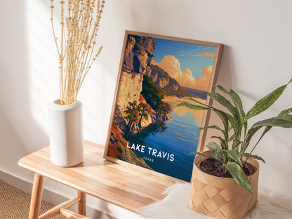 Lake Travis, Texas Poster | Hill Country Lake Sunset Wall Art — styled in a modern interior