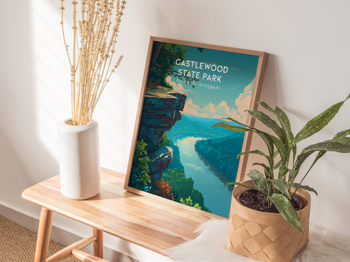 Castlewood State Park, Ballwin, Missouri Poster | River Bluffs & Forest Trail Wall Art — styled in a modern interior