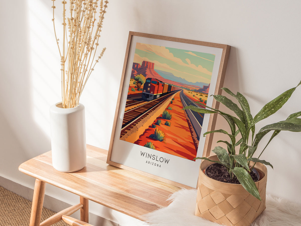 Winslow Matte Border Poster | Arizona Travel Wall Art — styled in a modern interior