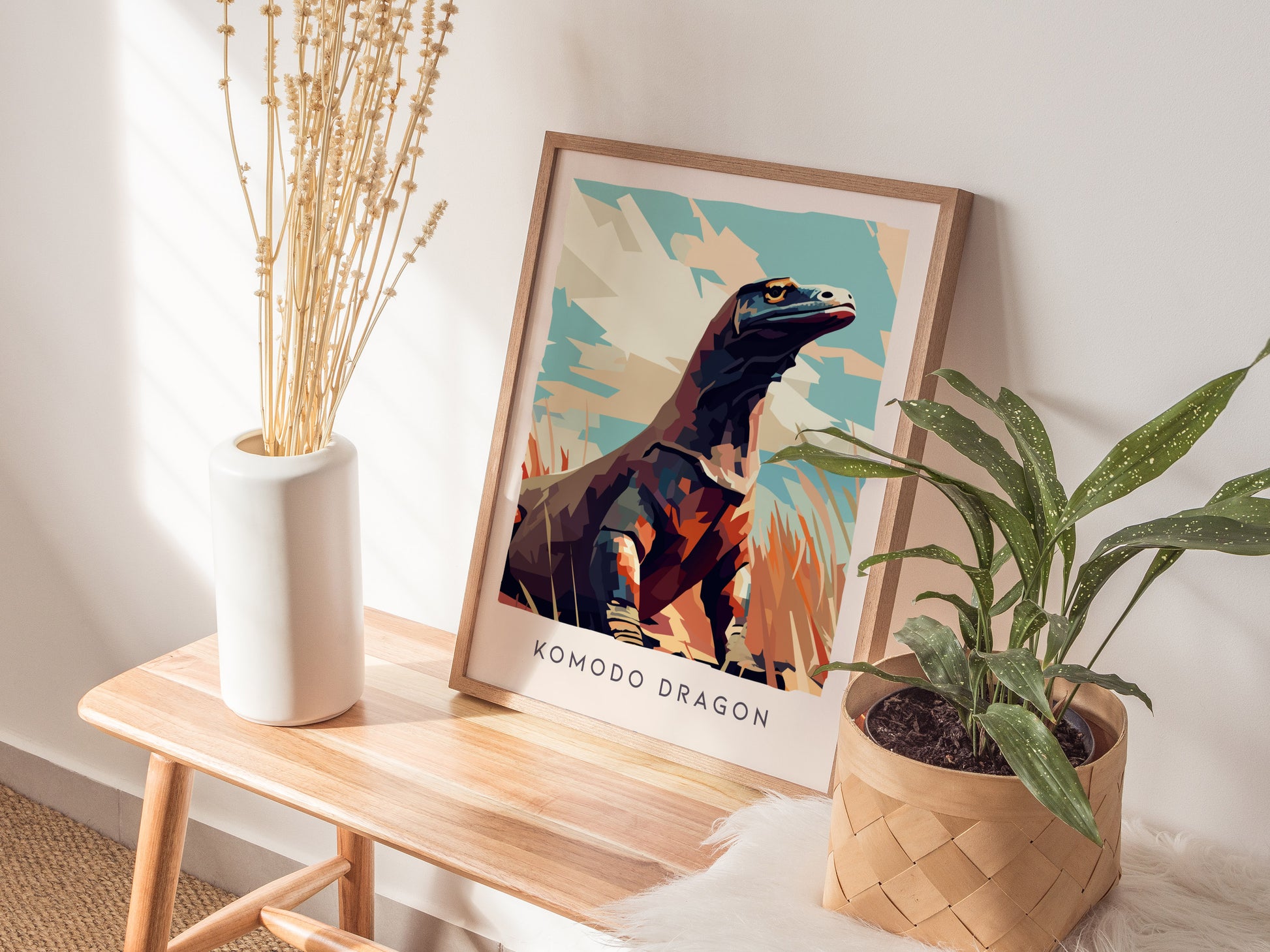 Komodo Dragon Poster | Ancient Reptile Wildlife Wall Art — styled in a modern interior