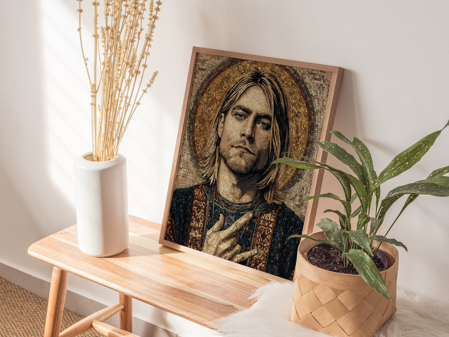 Byzantine-style mosaic portrait of Kurt Cobain, capturing intricate textures and earthy tones, surrounded by a halo design.