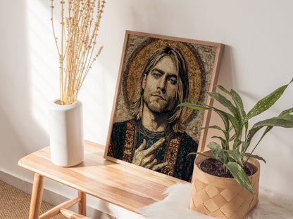 Byzantine-style mosaic portrait of Kurt Cobain, capturing intricate textures and earthy tones, surrounded by a halo design.