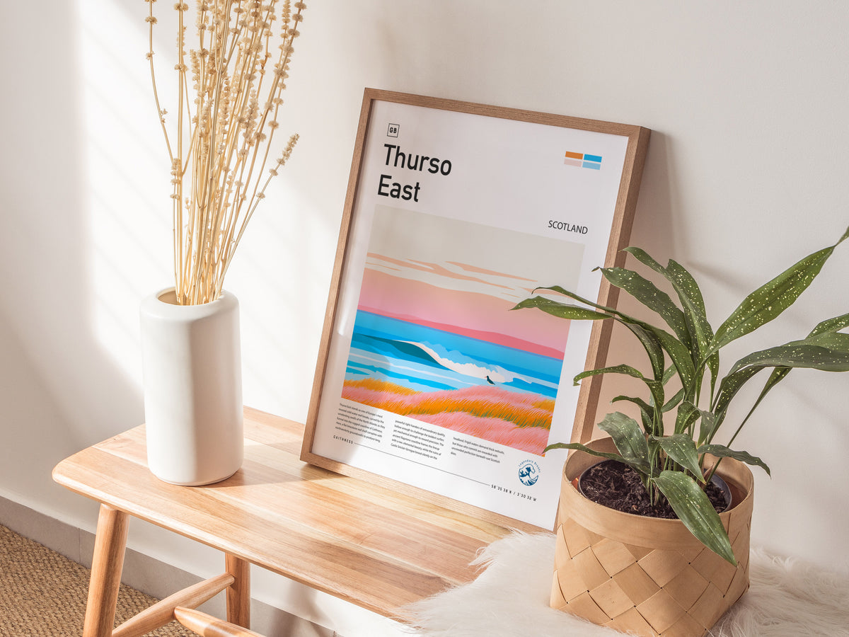 Thurso East, Scotland Poster | Rugged Surf Break Coastal Poster Wall Art — styled in a modern interior