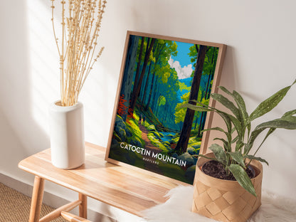 Framed Catoctin Mountain Maryland poster featuring a vibrant forest path, lush greenery, and two figures exploring the tranquil landscape.