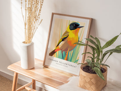 Common Yellowthroat, Geothlypis trichas Poster | Vibrant Warbler Nature Poster Wall Art — styled in a modern interior