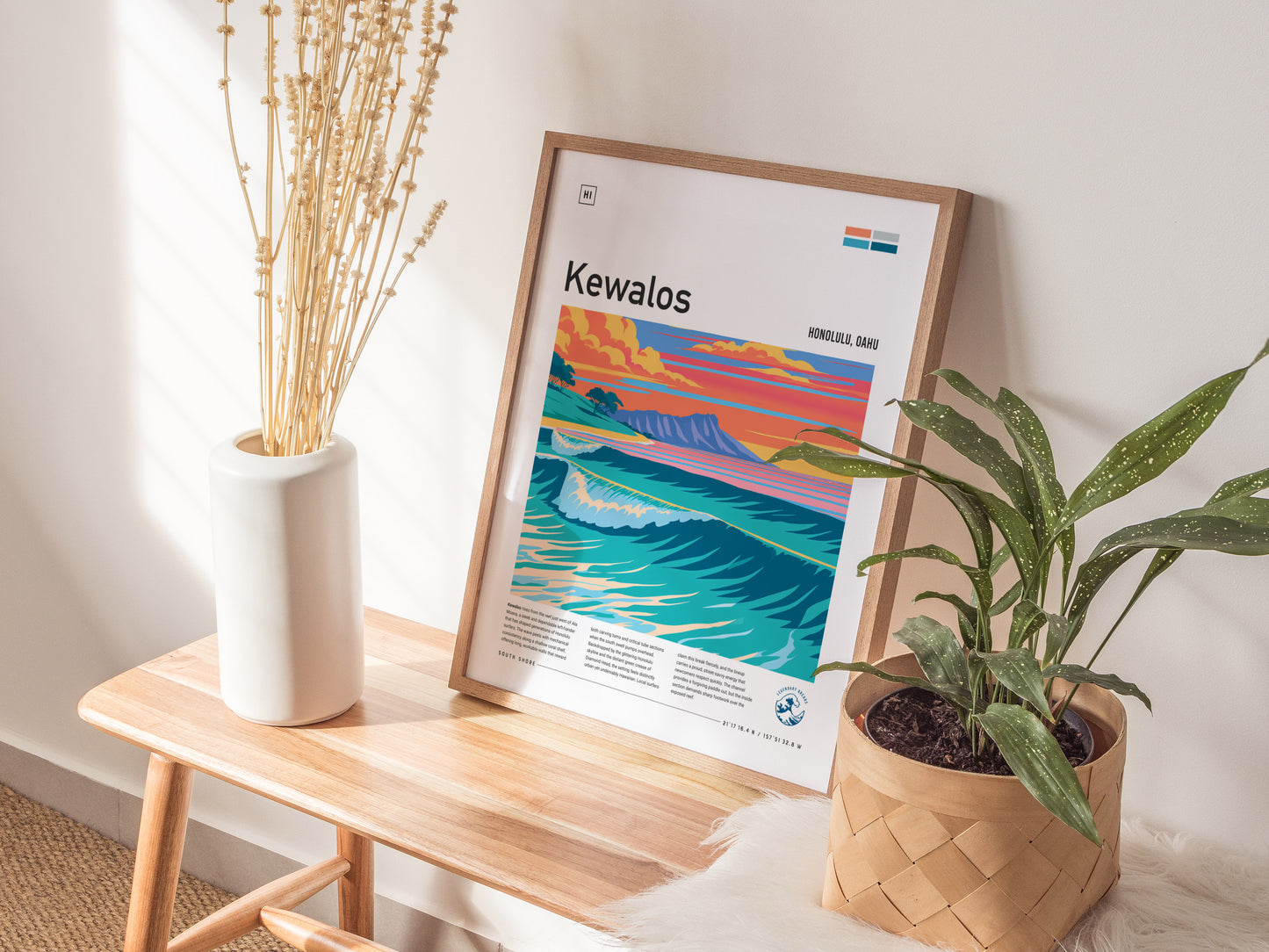 Kewalos, Hawaii Poster | Golden Surf & Diamond Head Wall Art — styled in a modern interior