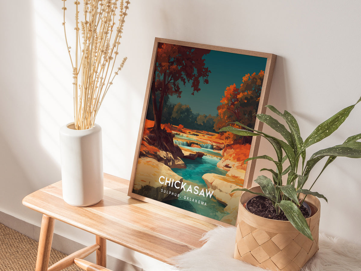 Chickasaw National Recreation Area, Sulphur, Oklahoma Poster | Tranquil Springs & Woodland Travel Wall Art — styled in a mode