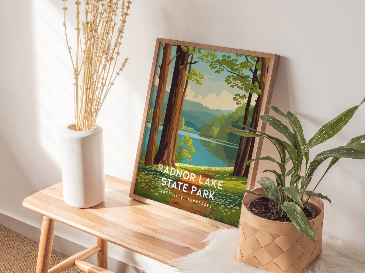 Radnor Lake State Park, Nashville, Tennessee Poster | Woodland Lake Serenity Travel Wall Art — styled in a modern interior